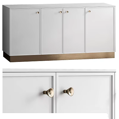 White Cabinet With Golden Base And Drawers Featuring Round Golden Handles 3d model