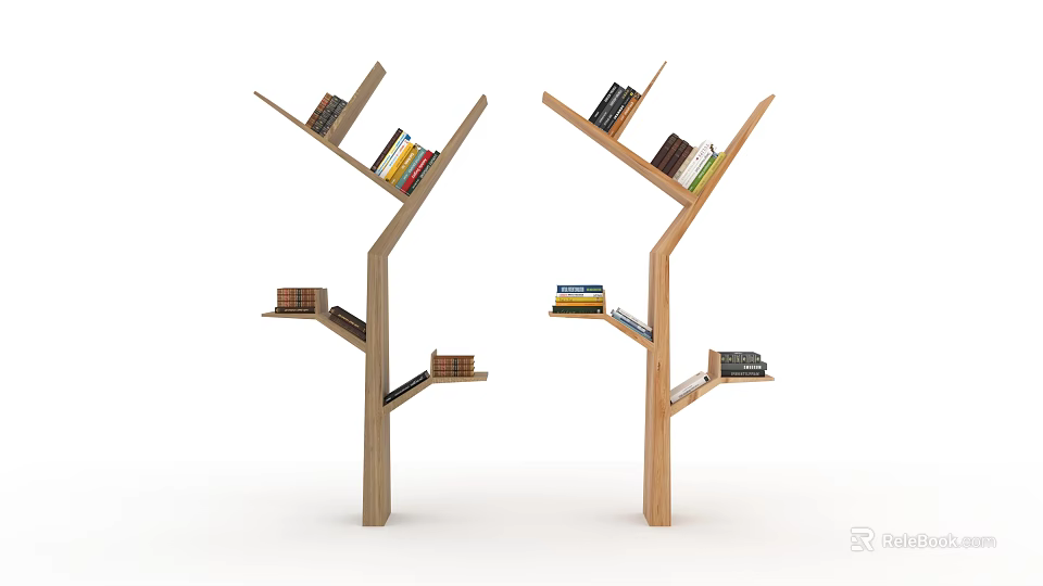 Tree Shaped Wooden Bookcase With Multiple Branches Storing Books In Modern Design 3d model