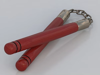 Traditional Nunchaku Weapon With Red Wooden Handles And Silver Metal Chain Link 3d model