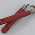 Traditional Nunchaku Weapon With Red Wooden Handles And Silver Metal Chain Link