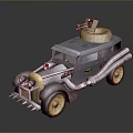 Vintage Modified Car With Turret Like Device Front Spikes And Golden Wheels