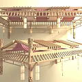 Traditional Chinese Ceiling Design With Wooden Beams Carvings And Hanging Lanterns
