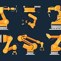 Yellow Industrial Robotic Arms In Various Poses For Automation Use