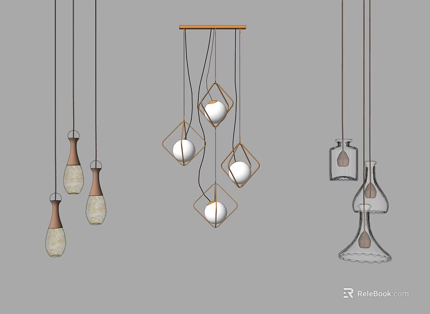 Modern Pendant Lights With Geometric Frame Glass Shapes And Hanging Design Elements 3d model 