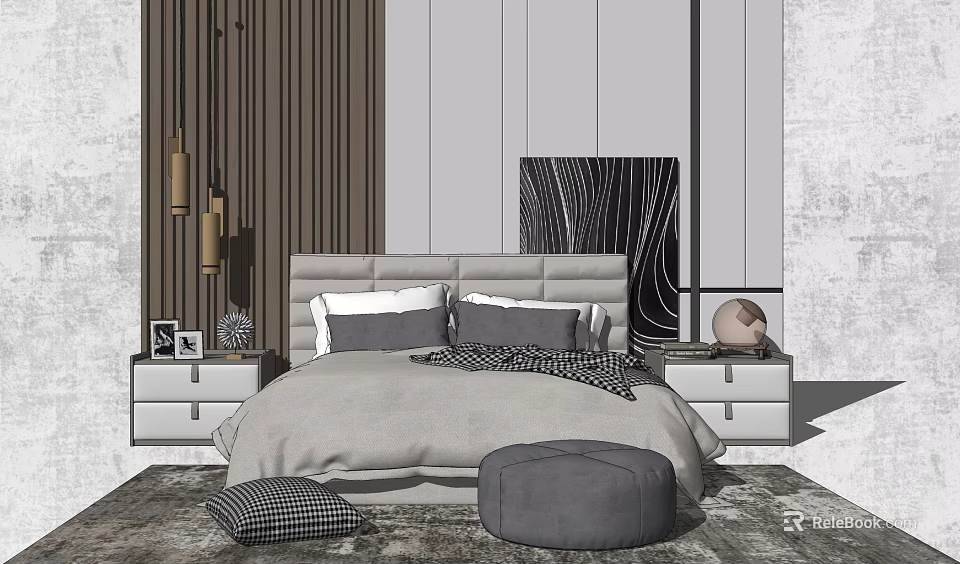 Elegant Bedroom Interior With Gray Upholstered Bed Comforter Pillows Nightstands Brown Curtains And Decorative Rug 3d model 