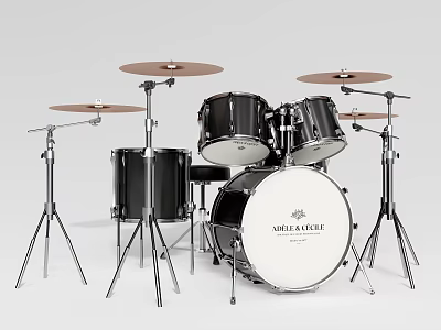 Professional Black Drum Set With Multiple Drums Cymbals And Metal Stands 3d model