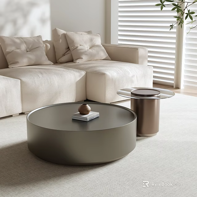 Modern Living Room Interior Round Metal Coffee Table With Books Decorative Ball And Side Table 3d model 