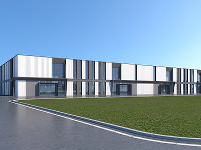 Modern Industrial Factory Building Exterior With Large Glass Windows Steel Structure And Green Lawn 3d model