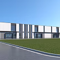 Modern Industrial Factory Building Exterior With Large Glass Windows Steel Structure And Green Lawn
