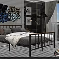 Double Bed with Metal Frame Decorative Wall Art Nightstand and Curtains in Modern Bedroom