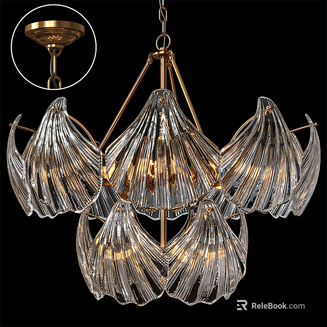 Elegant Modern Chandelier Design With Gold Metal Frame And Transparent Petal Shaped Glass Shades 3d model 