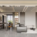 Modern Living and Dining Room with Black Leather Sofa Glass Coffee Table and Gray Carpet