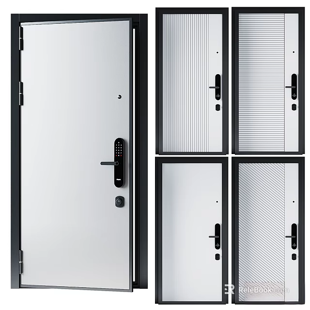 Modern Interior Doors Featuring White Panels Black Frames And Various Textured Patterns 3d model