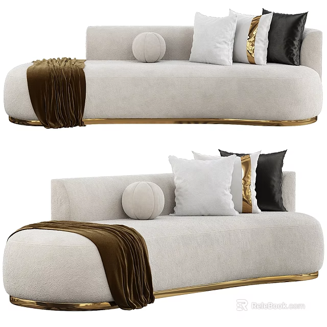 Modern Beige Sofa Bench With Golden Frame White Black Pillows And Brown Blanket 3d model 