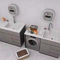Practical Laundry Space Featuring Double Washbasins Hand Dryers Washing Machine And Cabinets