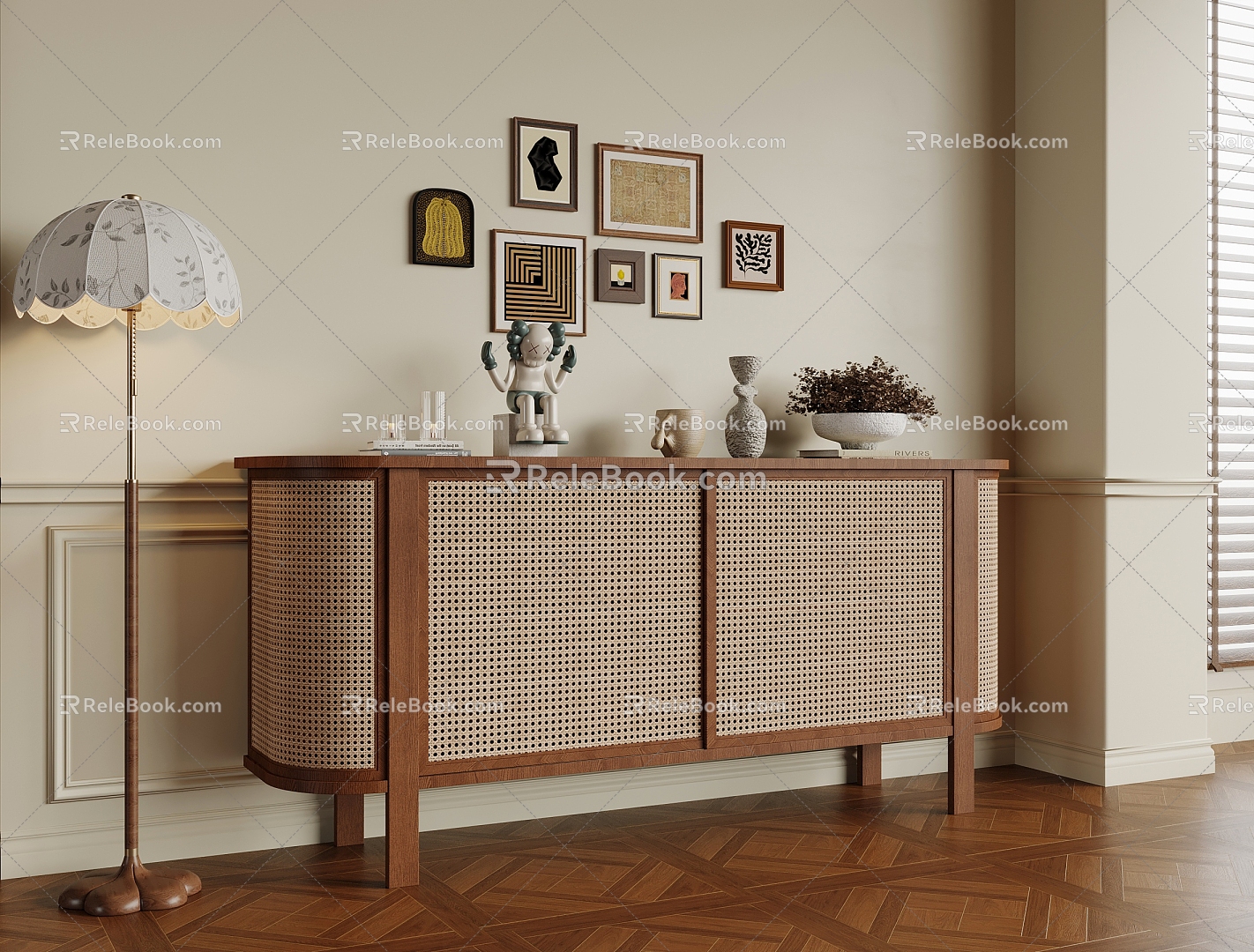 French Middle Style Entrance Cabinet Decorative Painting Rattan Furniture 3d model