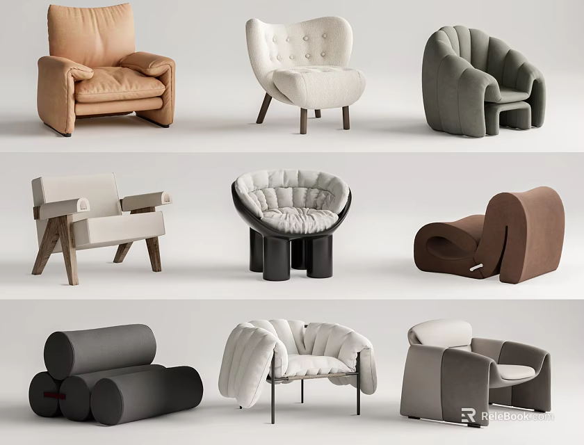 Modern Single Sofas In Various Styles And Neutral Tones For Living Room 3d model 