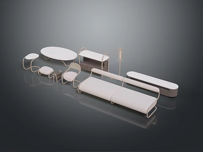 Modern White Dining Table With Metal Frame Chairs And Bench In Interior Design 3d model