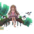 Game Anime Character in Pink Floral Dress Sitting on Tree Branch with Birds