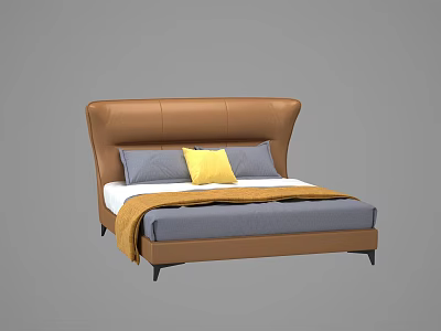 Modern Brown Leather Double Bed With Gray Yellow Pillows And Yellow Blanket 3d model