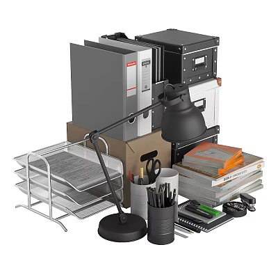 Organized Office Desk Setup With Folders Lamp File Organizer Pens And Notebooks 3d model