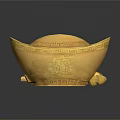 Golden Carved Sculptures in Various Shapes Including Ingot Container Granules and Sticks on Dark Background