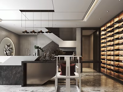 Modern Bar Area Interior With Marble Countertop Pendant Lights And Wine Rack 3d model