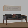 Solid Wood Luohan Bed With Dark Cushions Small Tea Table And Calligraphy Scroll 3d model