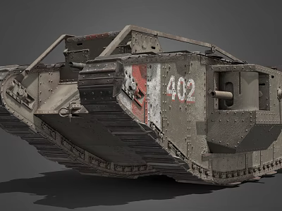 Military Weapon Vintage Tank Number 402 With Grayish Green Armor Metal Tracks And Structural Components 3d model