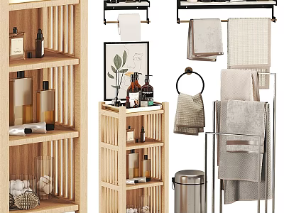 Modern Wooden Bathroom Cabinet Shelf With Towels Toiletries And Storage Shelves 3d model