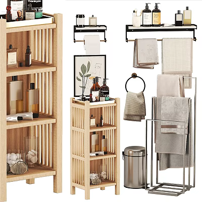 Modern Wooden Bathroom Cabinet Shelf With Towels Toiletries And Storage Shelves 3d model
