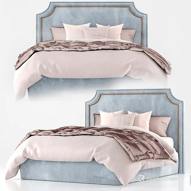 Modern Double Bed With Blue Upholstered Headboard And Pink Brown Bedding 3d model 