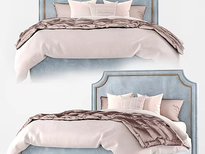 Modern Double Bed With Blue Upholstered Headboard And Pink Brown Bedding 3d model