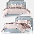 Modern Double Bed With Blue Upholstered Headboard And Pink Brown Bedding