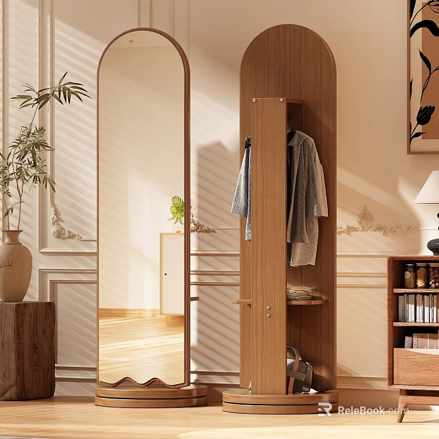 Wooden Mirror With Wardrobe Hanging Clothes And Plant In Modern Interior 3d model 