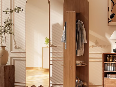 Wooden Mirror With Wardrobe Hanging Clothes And Plant In Modern Interior 3d model
