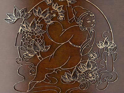Detailed Intricate Wooden Carved Design Featuring Lotus Flowers And Figure Artwork 3d model