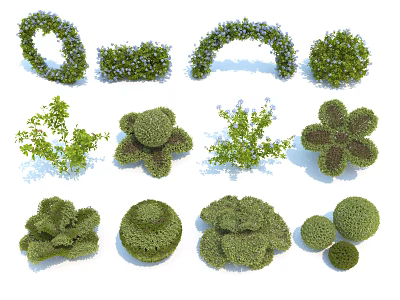 Ornamental Garden Shrubs In Various Shapes With Blue Flowers And Decorative Designs 3d model