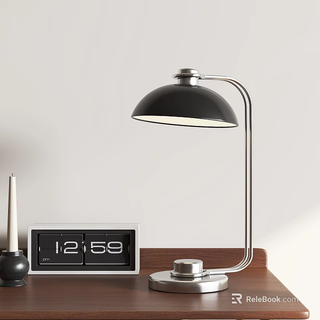 Modern Desk Lamp with Black Shade Silver Metal Stand on Wooden Table with Digital Clock 3d model 