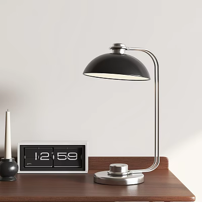 Modern Desk Lamp with Black Shade Silver Metal Stand on Wooden Table with Digital Clock 3d model