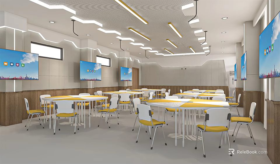 School Cafeteria Interior With Modern Lighting Tables Chairs And TV Screens 3d model 
