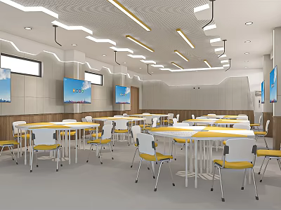 School Cafeteria Interior With Modern Lighting Tables Chairs And TV Screens 3d model