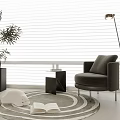 Modern Leisure Chair With White Blinds Floor Lamp Potted Plant And Open Book On Rug