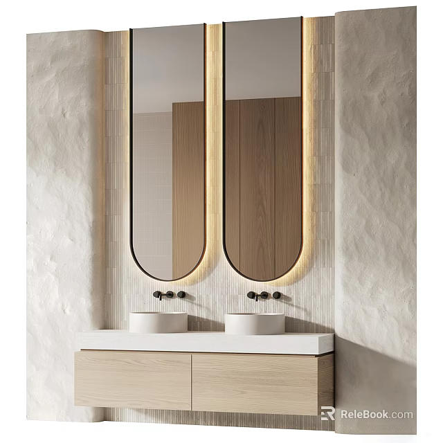 Modern Bathroom With Double Mirrors Wooden Cabinet Double Sinks Lighting And Textured Walls 3d model 