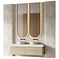 Modern Bathroom With Double Mirrors Wooden Cabinet Double Sinks Lighting And Textured Walls