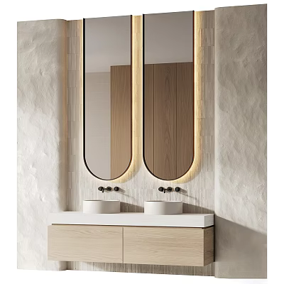 Modern Bathroom With Double Mirrors Wooden Cabinet Double Sinks Lighting And Textured Walls 3d model