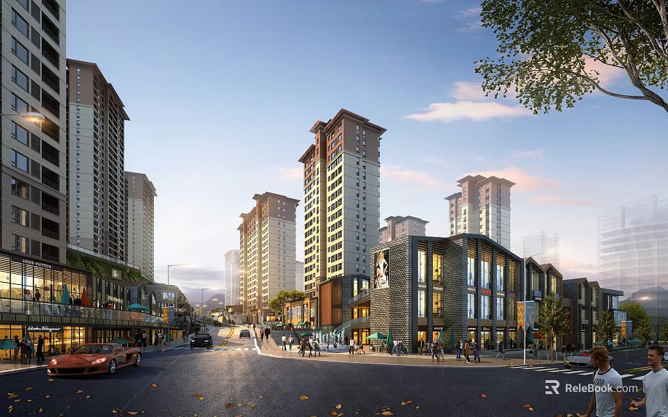 Vibrant Urban Commercial Street with Modern High Rise Buildings Shops Pedestrians and Cars 3d model 