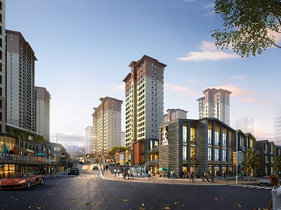 Vibrant Urban Commercial Street with Modern High Rise Buildings Shops Pedestrians and Cars 3d model