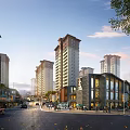 Vibrant Urban Commercial Street with Modern High Rise Buildings Shops Pedestrians and Cars