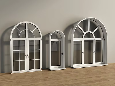 White Arched Window Designs With Glass Panels In Various Sizes On Wooden Floor 3d model